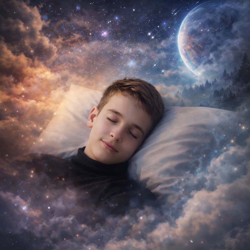 Ein schlafender Junge, um ihn herum ein Sternenhimmel
