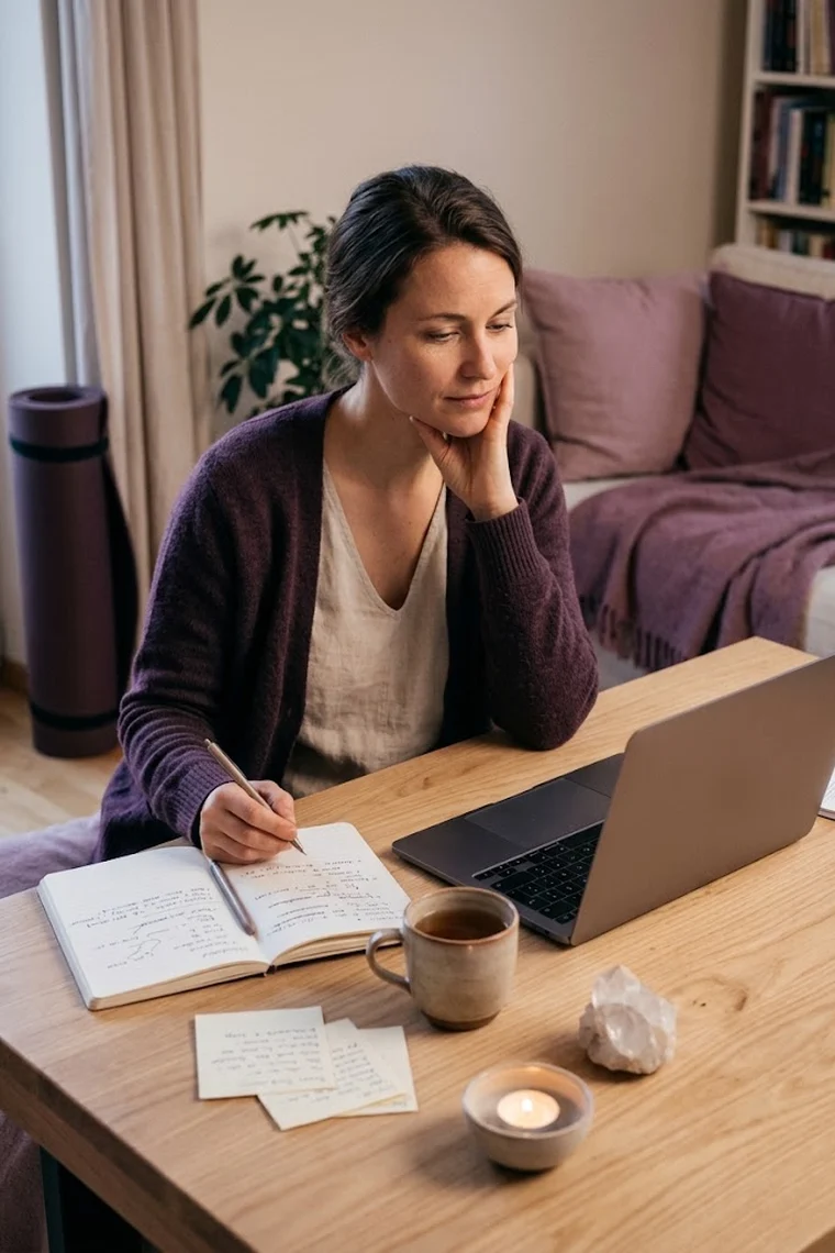 Frau sitzt nachdenklich mit Notizbuch, Laptop, Tee, Kerze und Bergkristall am Tisch, im Hintergrund eine Yogamatte